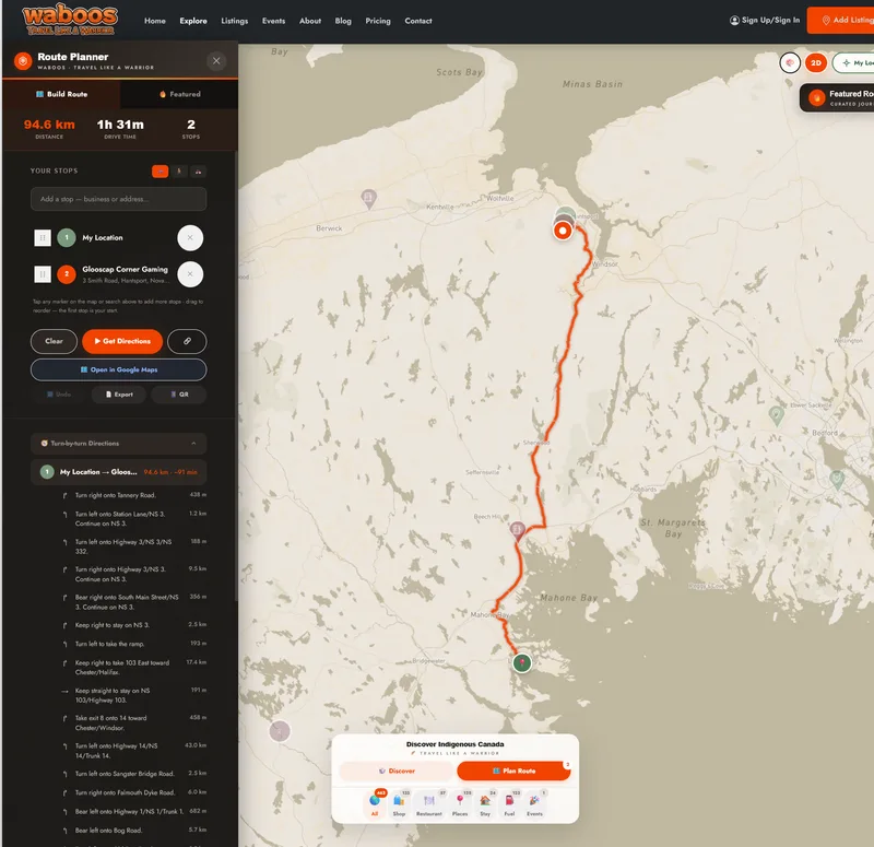 Waboos route planner showing a mapped Nova Scotia journey, stops, and turn-by-turn directions